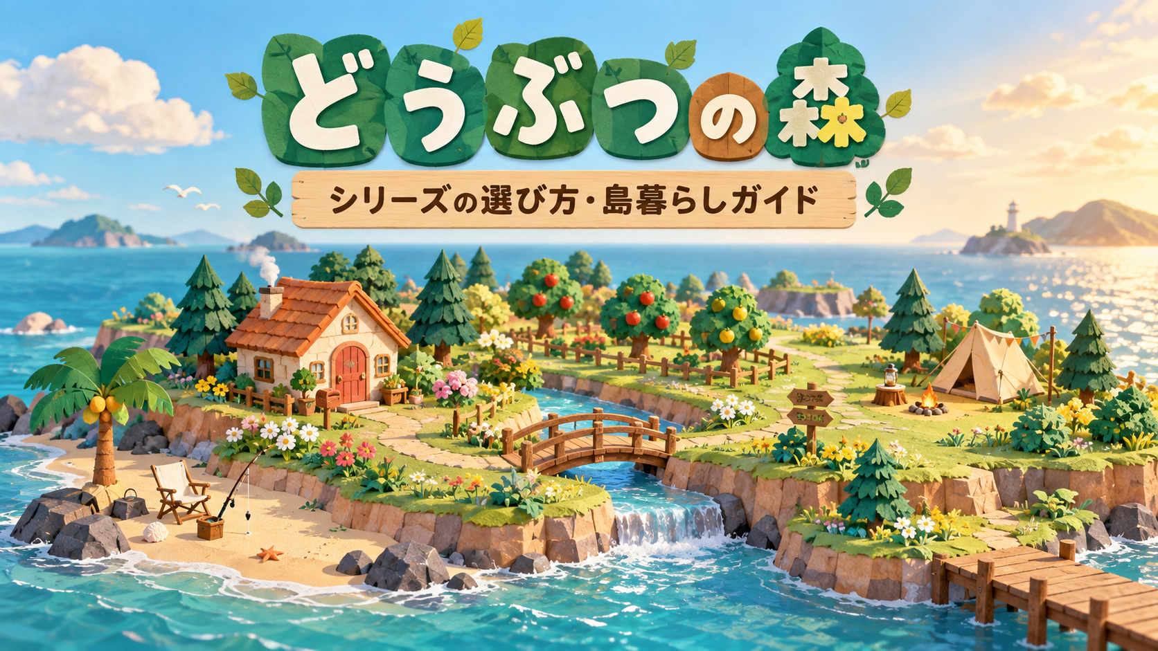 海辺の小さな家、果樹園、木の橋とキャンプ場を描いた、島暮らしをイメージしたオリジナルイラスト