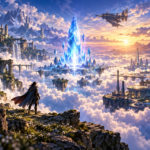 空に浮かぶ飛空艇と輝くクリスタル、古代の遺跡と未来都市を描いたファンタジー風景