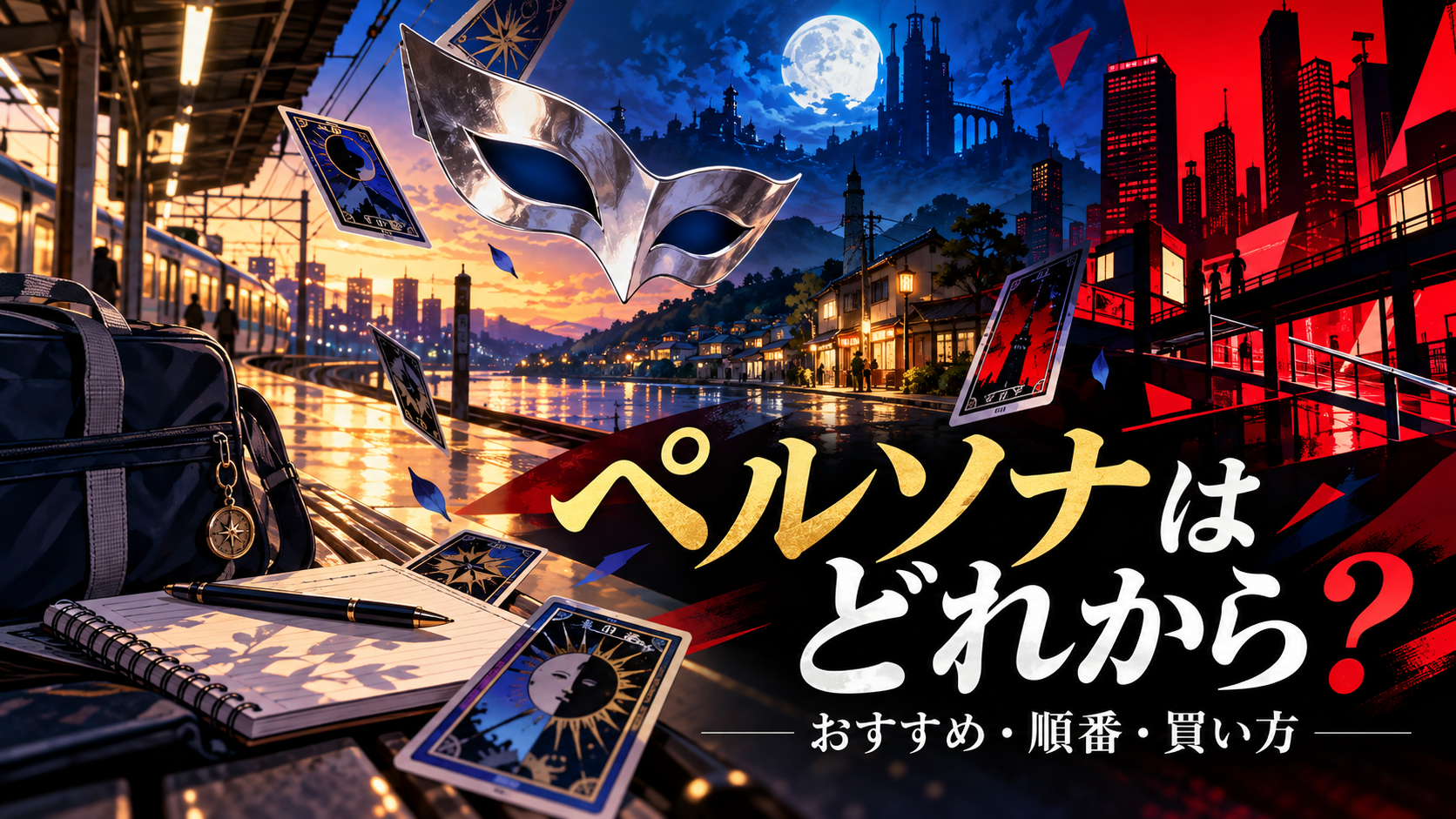 銀色の仮面とカード、夕暮れの駅、月夜の塔、赤い都会を描いたペルソナシリーズ入門ガイドのイメージ画像